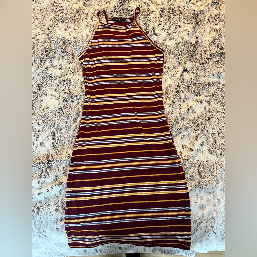 yellow burgundy white and blue striped dress size s